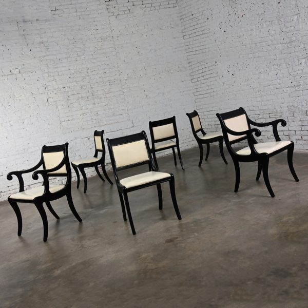 Mid Century Regency Style Dining Chairs Off White Faux Leather Black Frames 2 Arm 4 Side Set of 6