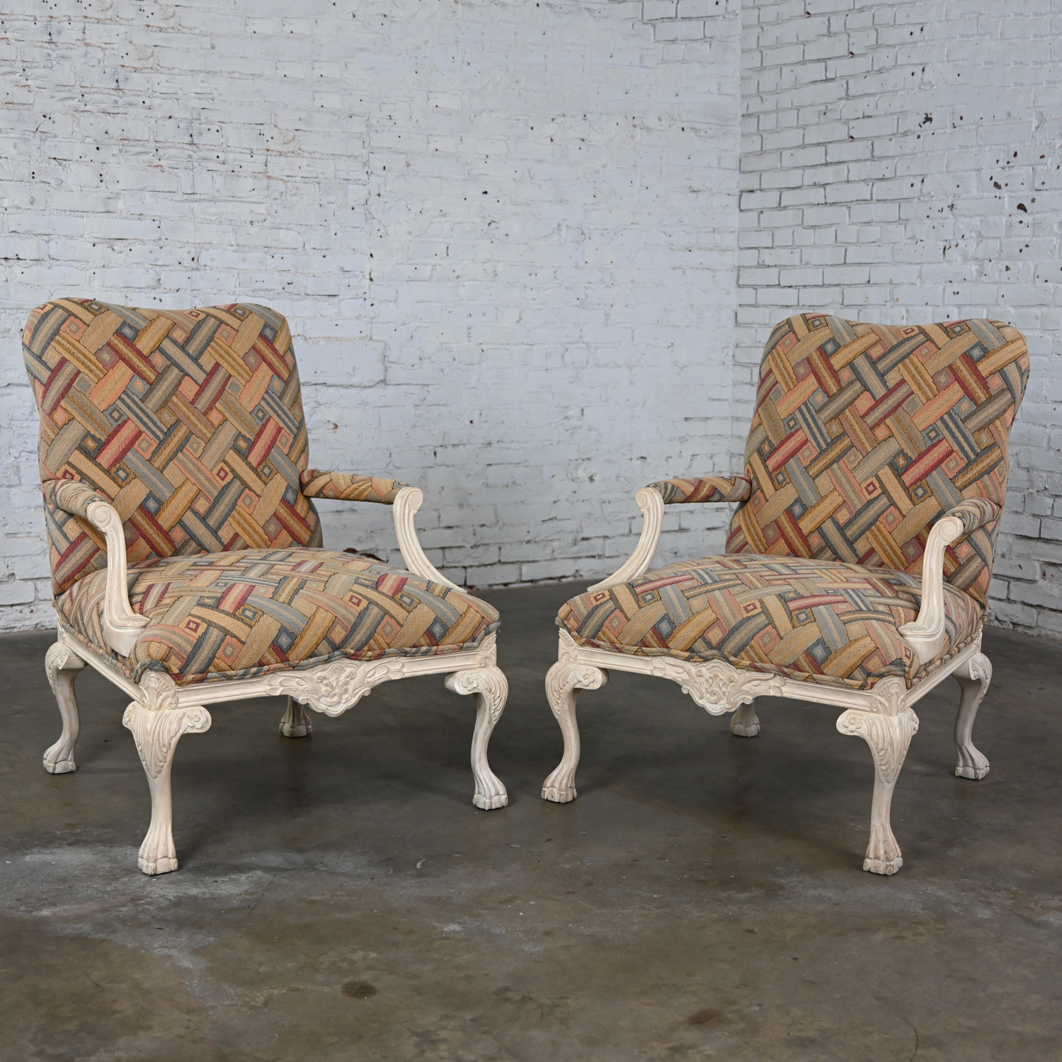 1980’s French Louis XV Style Fauteuil Armchairs Whitewashed Frames & Contemporary Fabric