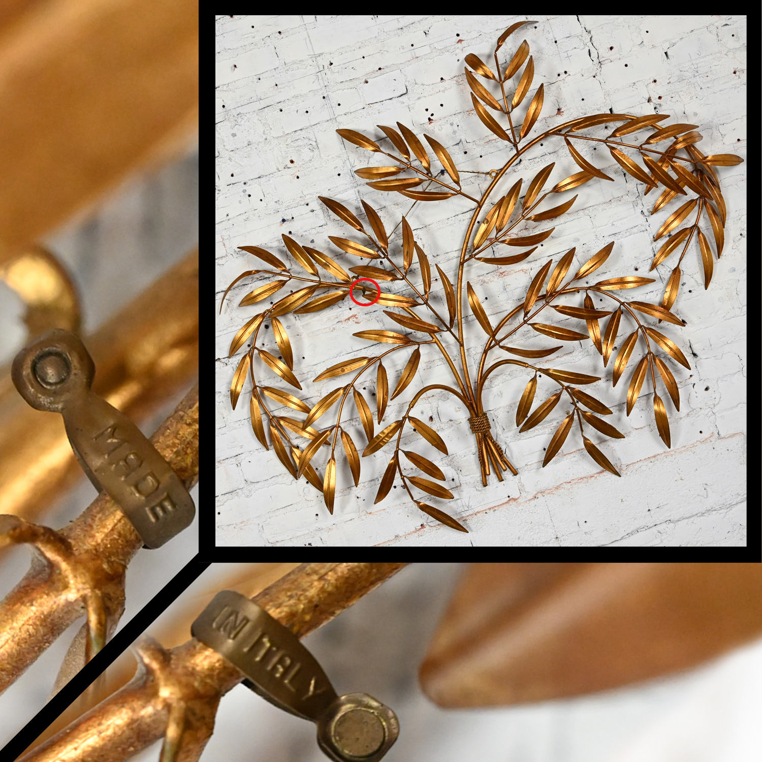1960’s Italian Mid Century Hollywood Regency Gilt Metal Wall Sculpture of Branches with Leaves