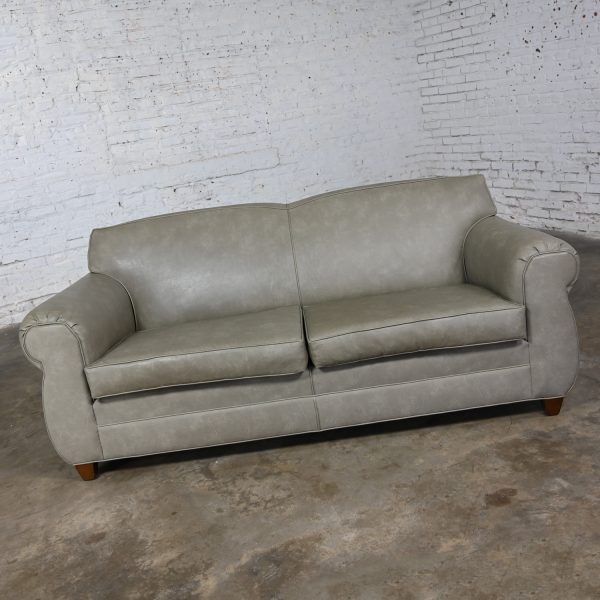 Late 20th Century Bridgewater Style Sofa with Tight Back in Taupe Gray Vinyl Faux Leather