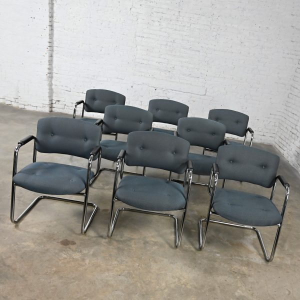 Late 20th Century Gray & Chrome Cantilever Chairs by United Chair Co Style of Steelcase Set of 8