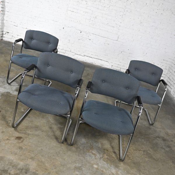 Late 20th Century Gray & Chrome Cantilever Chairs by United Chair Co Style of Steelcase Set of 4
