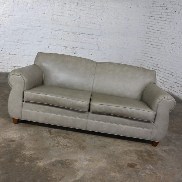 Late 20th Century Bridgewater Style Sofa with Tight Back in Taupe Gray Vinyl Faux Leather