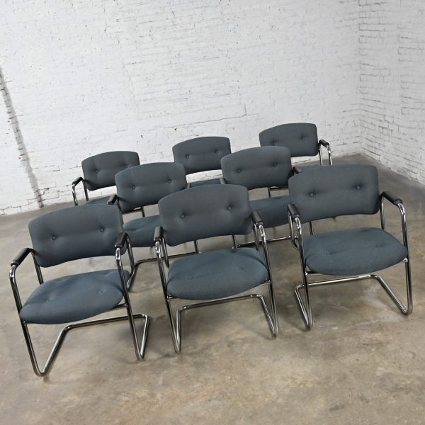 Late 20th Century Gray & Chrome Cantilever Chairs by United Chair Co Style of Steelcase Set of 8