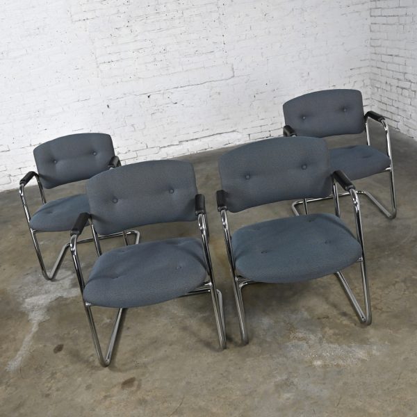 Late 20th Century Gray & Chrome Cantilever Chairs by United Chair Co Style of Steelcase Set of 4