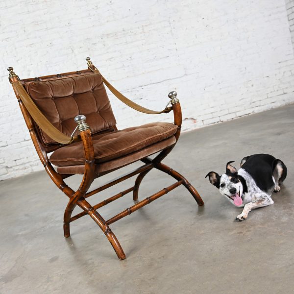 Mid to Late 20th Century Campaign Style Chair with X Base & Faux Leather Sling Arm Straps