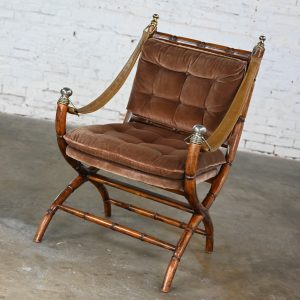 Mid to Late 20th Century Campaign Style Chair with X Base & Faux Leather Sling Arm Straps