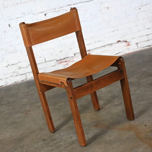 1970’s Modern Side Sling Chair Teak & Cognac Leather Style of Michel Arnoult Made in Argentina