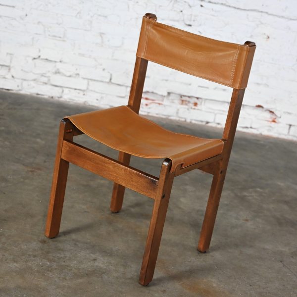 1970’s Modern Side Sling Chair Teak & Cognac Leather Style of Michel Arnoult Made in Argentina