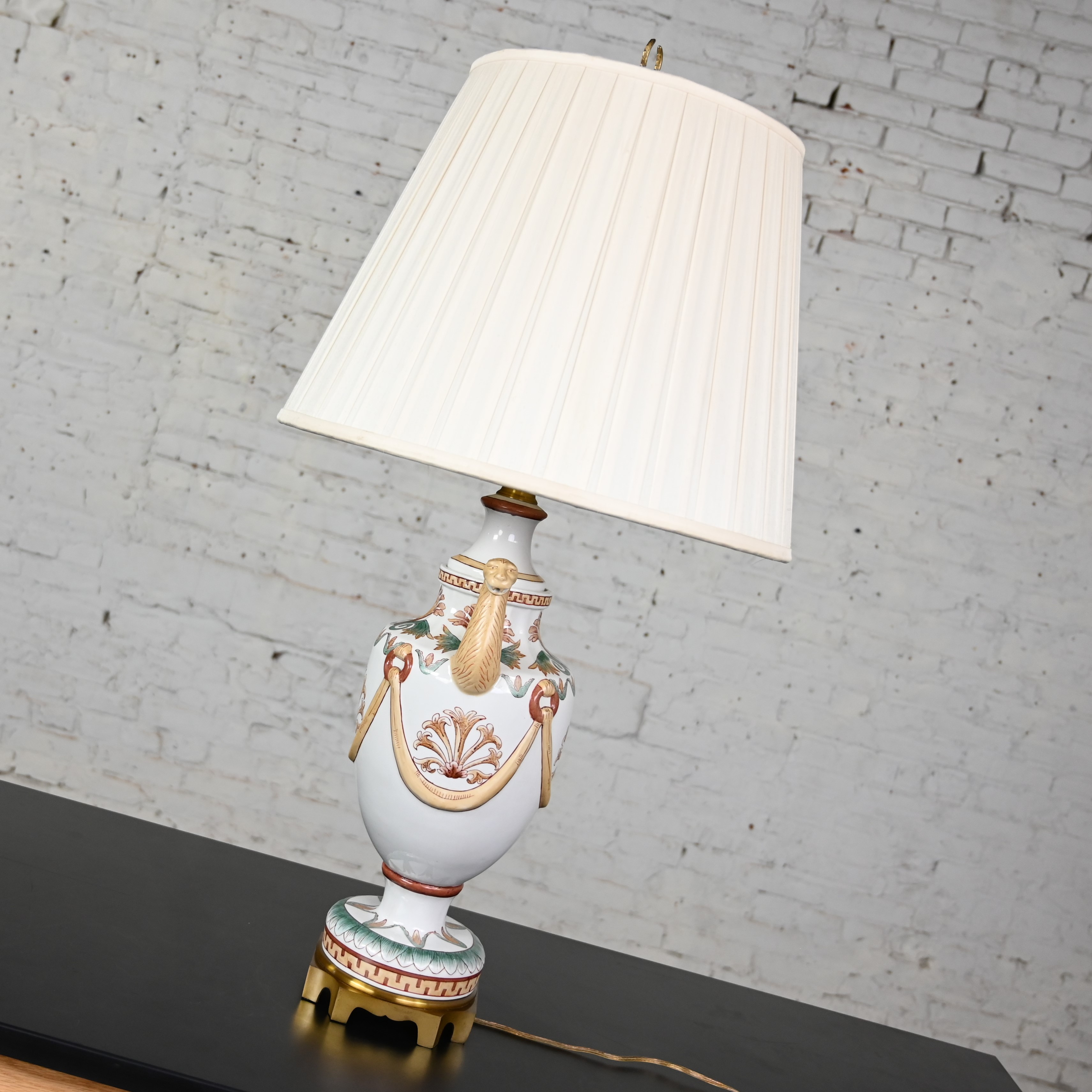 Late 20th Century Neoclassic Maitland-Smith Porcelain Lamp with Serpentine Style Lion Heads