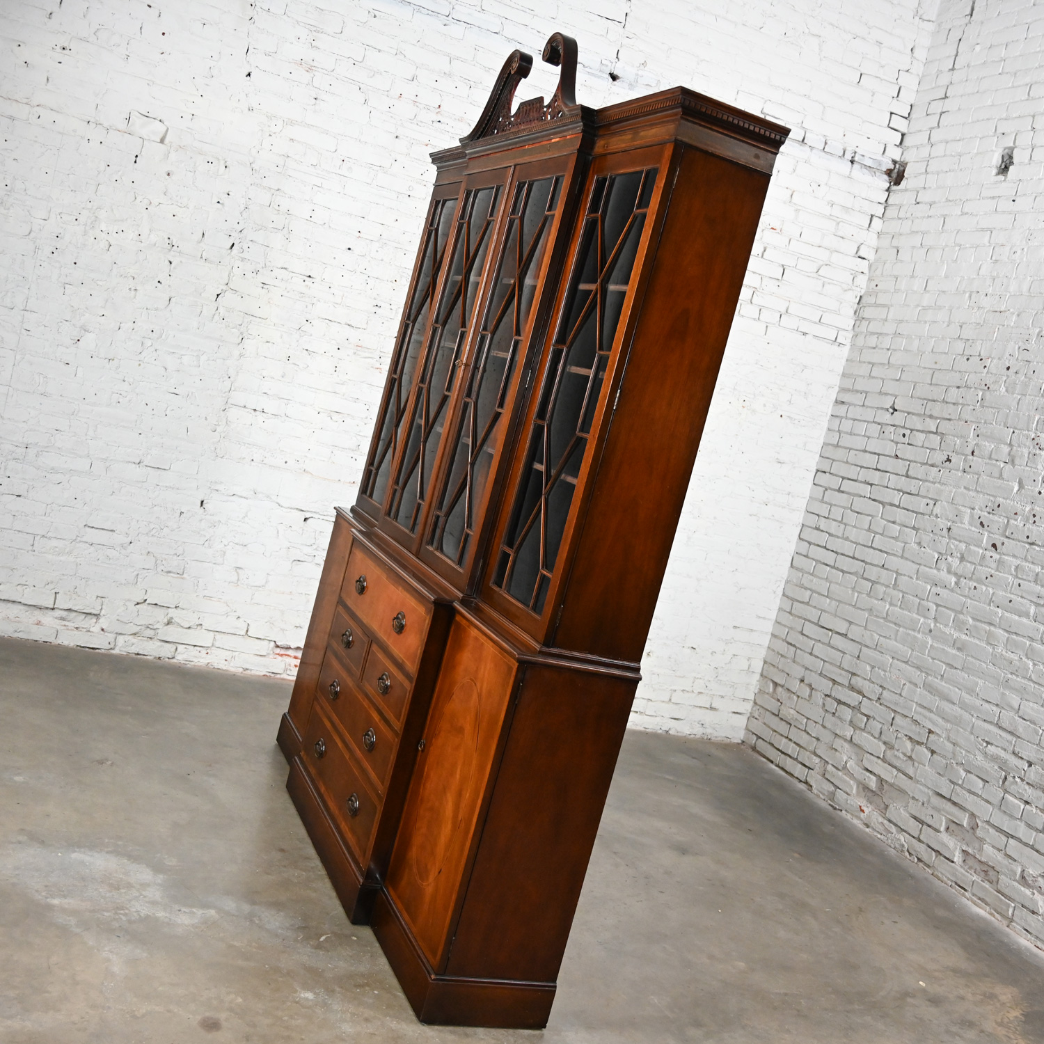 Mid-20th Century Chinese Chippendale Baker Furniture Mahogany & Walnut Breakfront Secretary China Cabinet Bookcase Pierced Pediment Top