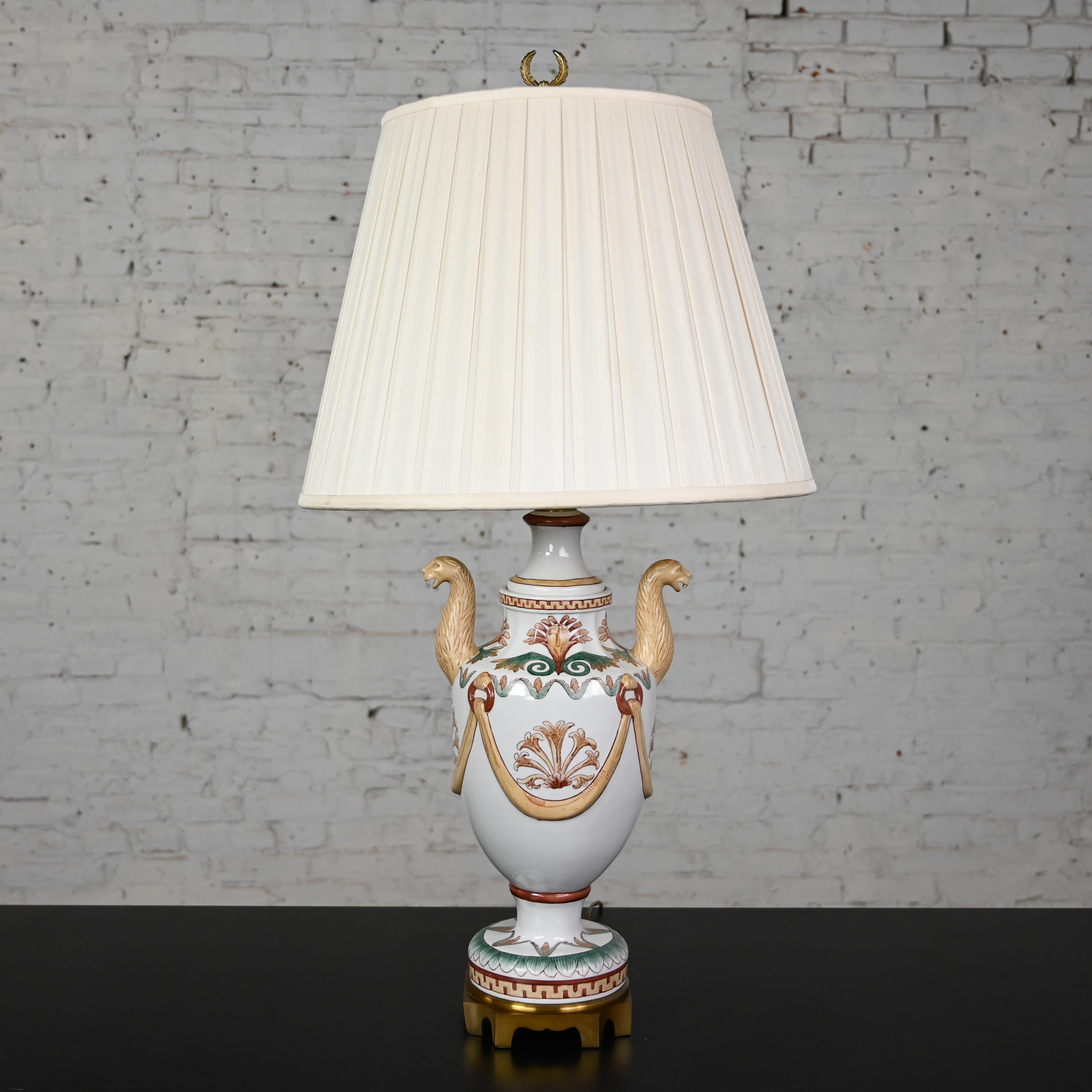 Late 20th Century Neoclassic Maitland-Smith Porcelain Lamp with Serpentine Style Lion Heads