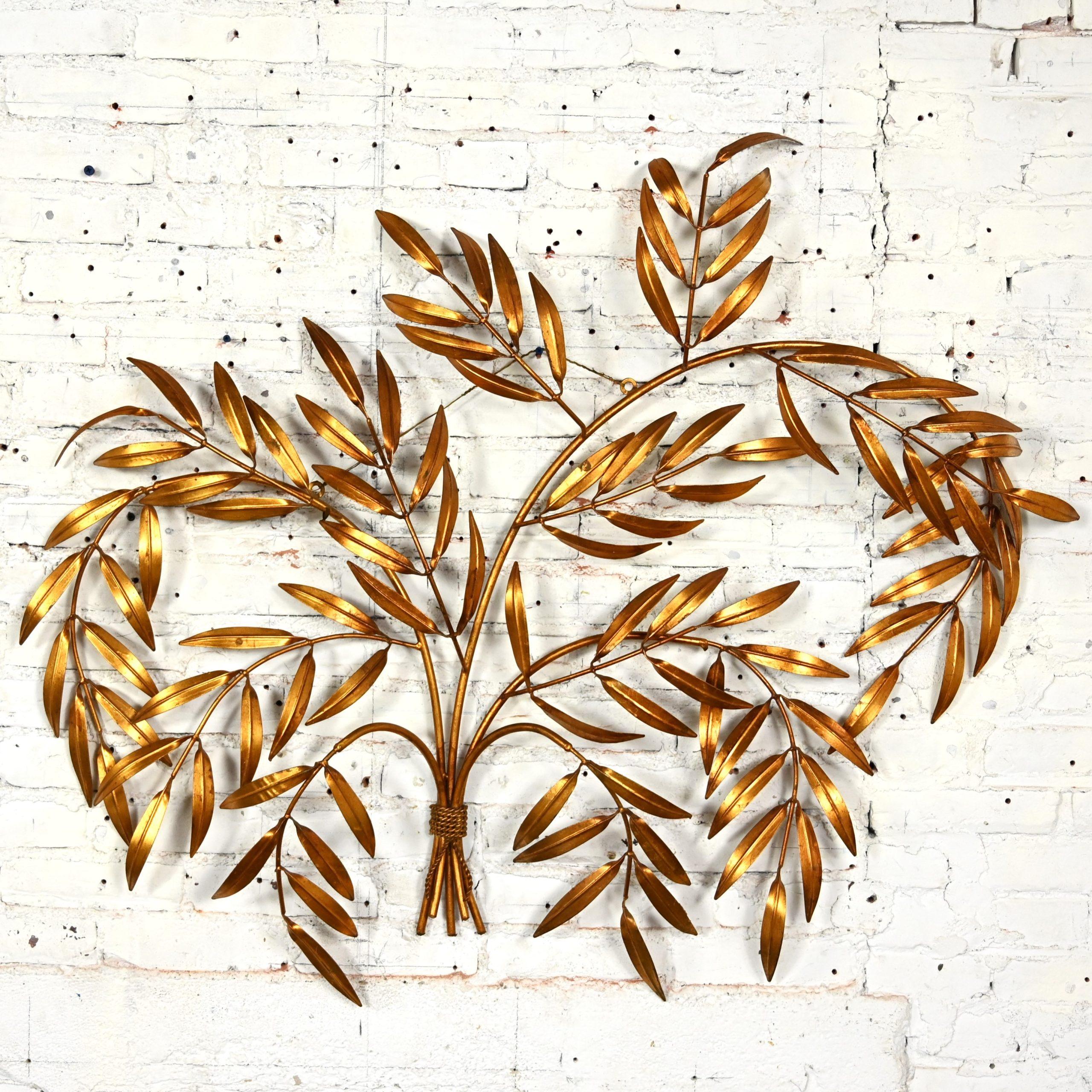 1960’s Italian Mid Century Hollywood Regency Gilt Metal Wall Sculpture of Branches with Leaves