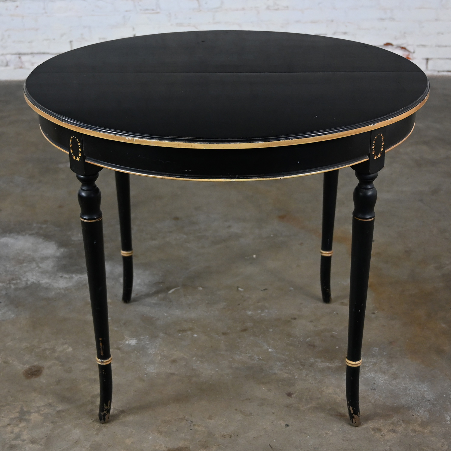 Early 20th Century Neoclassical Round Dining Table or Center Table Black Age-Distressed Finish & Gold Detail