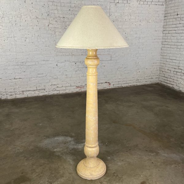 Late 20th Century Column Floor Lamp with Faux Travertine Plaster Finish & Original White Coolie Shade