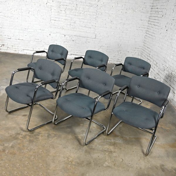 Late 20th Century Gray & Chrome Cantilever Chairs by United Chair Co Style of Steelcase Set of 6