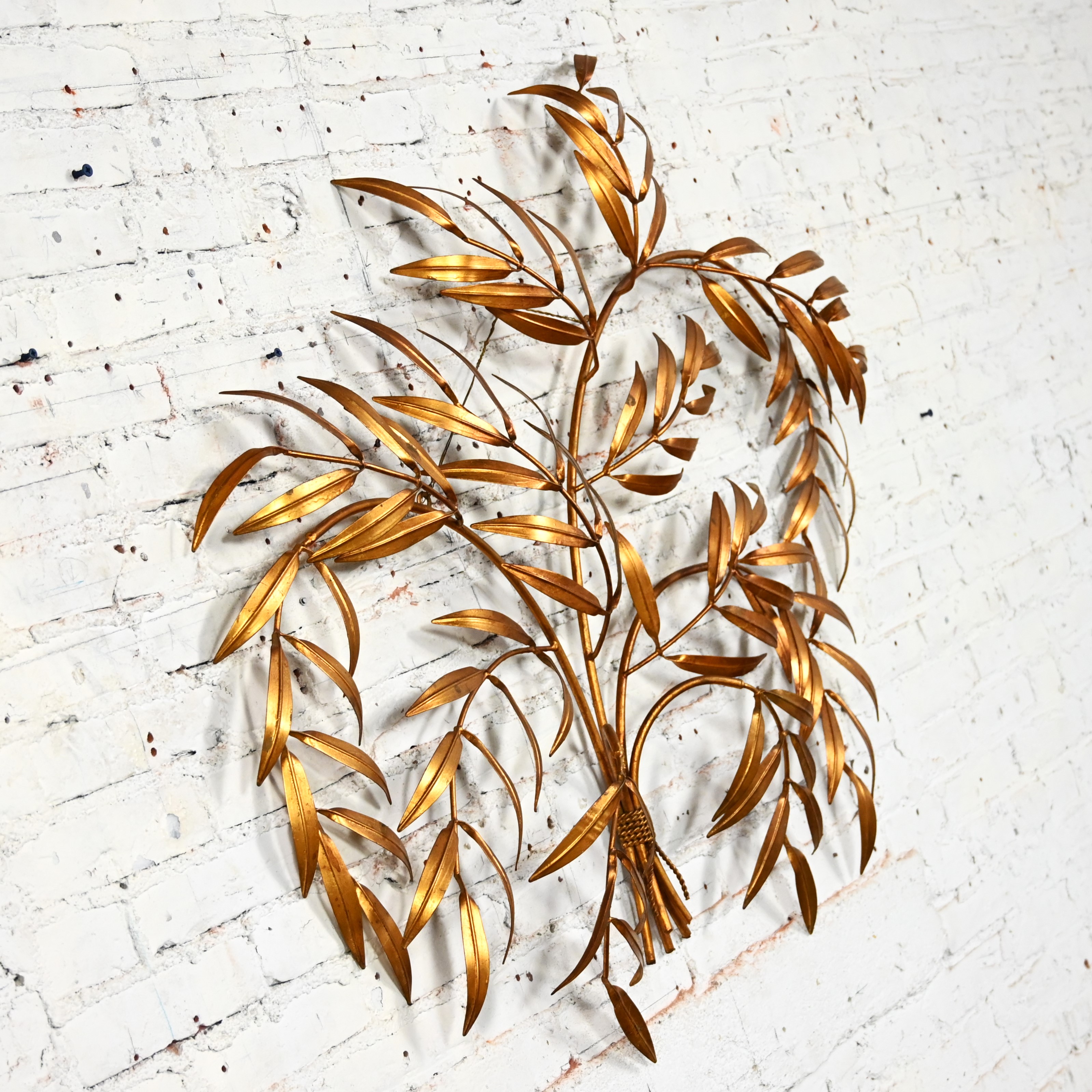 1960’s Italian Mid Century Hollywood Regency Gilt Metal Wall Sculpture of Branches with Leaves