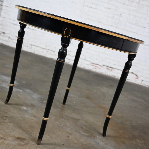 Early 20th Century Neoclassical Round Dining Table or Center Table Black Age-Distressed Finish & Gold Detail