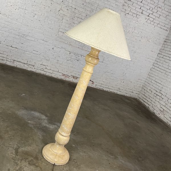 Late 20th Century Column Floor Lamp with Faux Travertine Plaster Finish & Original White Coolie Shade