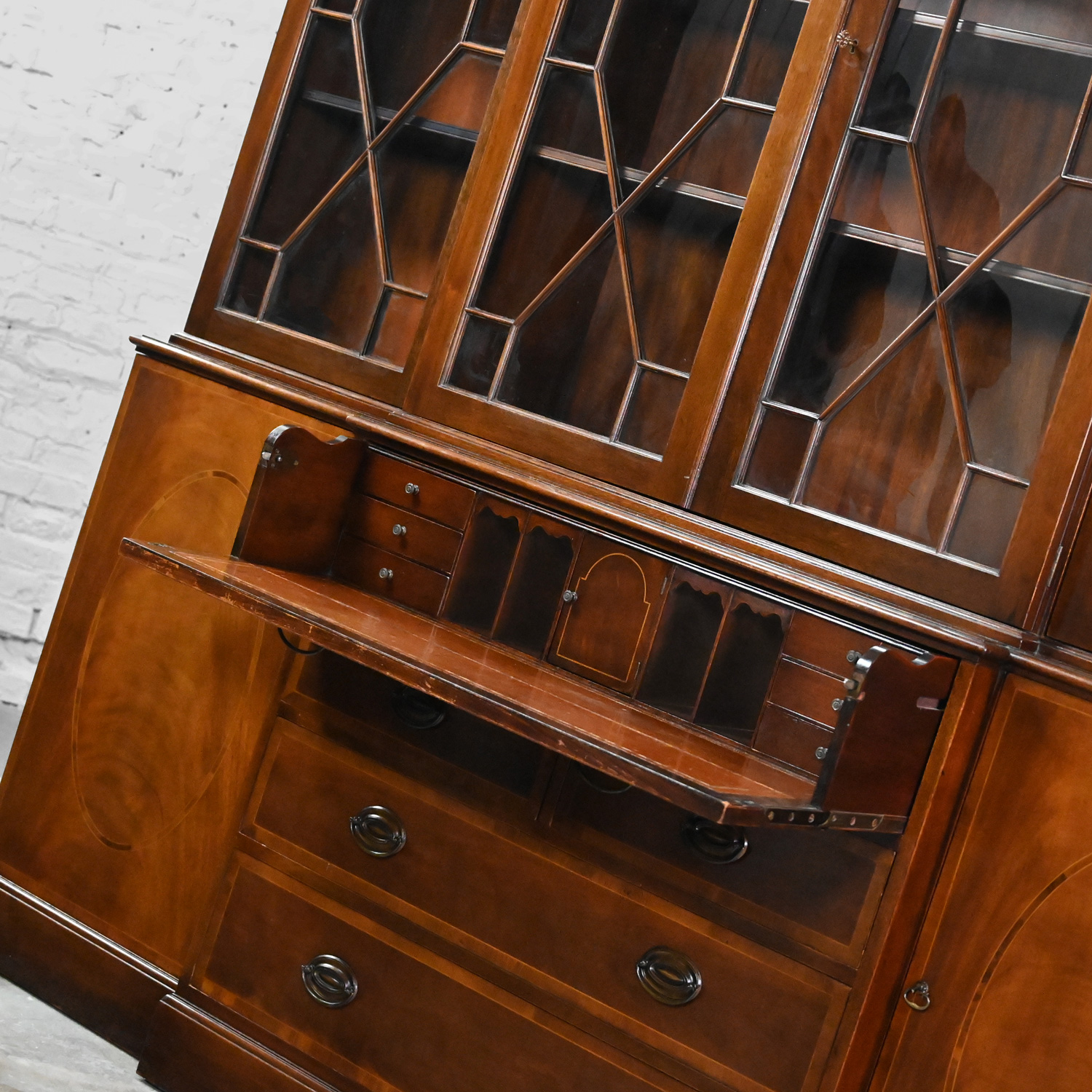 Mid-20th Century Chinese Chippendale Baker Furniture Mahogany & Walnut Breakfront Secretary China Cabinet Bookcase Pierced Pediment Top