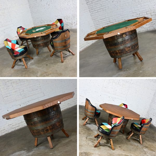 Late 20th Century Rustic Oak Whiskey Barrel Poker Table & 4 Swivel