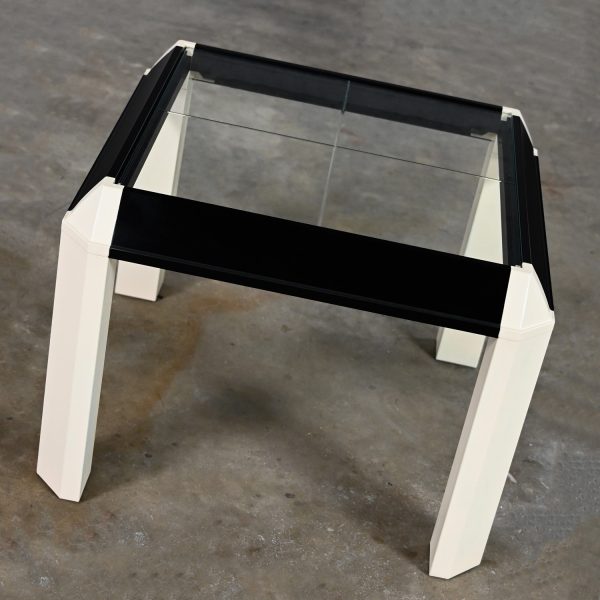 1970-1980’s Modern to Postmodern End Table Off White & Black Painted with Trapezoid Legs & Recessed Glass Top