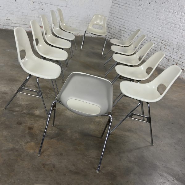 1960-1970’s Mid Century Modern Krueger International White Fiberglass & Chrome Stacking Chairs Set of 12