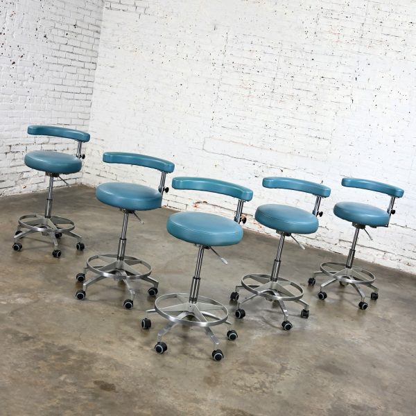 Late 20th Century Industrial Medical Barstools Steel Blue Faux Leather & Chrome Adjustable Set of 5