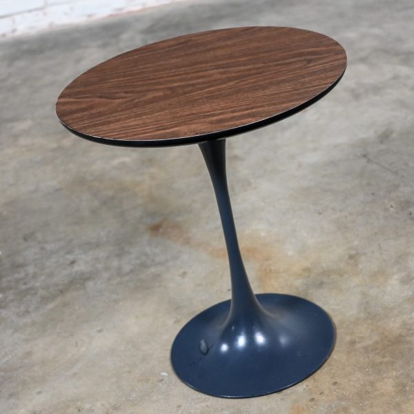 1960-1970’s MCM Burke for Brunswick Tulip Side Table Style of Saarinen Painted Aluminum Base & Wood Grain Laminate Top