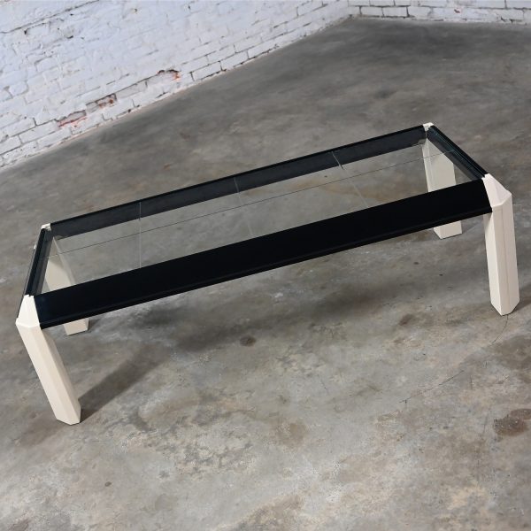 1970-1980’s Modern to Postmodern Coffee Table Off White & Black Painted with Trapezoid Legs & Recessed Glass Top