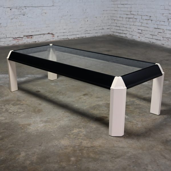 1970-1980’s Modern to Postmodern Coffee Table Off White & Black Painted with Trapezoid Legs & Recessed Glass Top