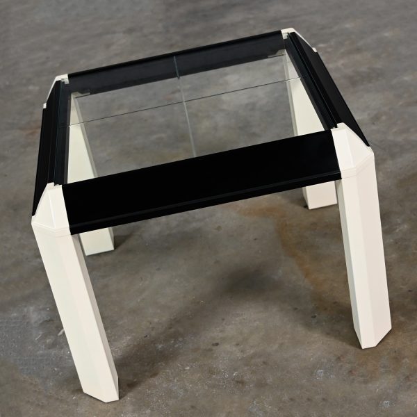 1970-1980’s Modern to Postmodern End Table Off White & Black Painted with Trapezoid Legs & Recessed Glass Top