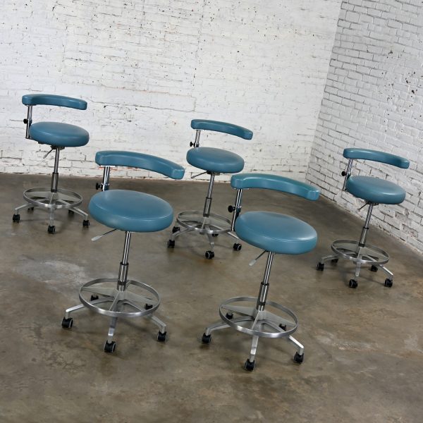 Late 20th Century Industrial Medical Barstools Steel Blue Faux Leather & Chrome Adjustable Set of 5