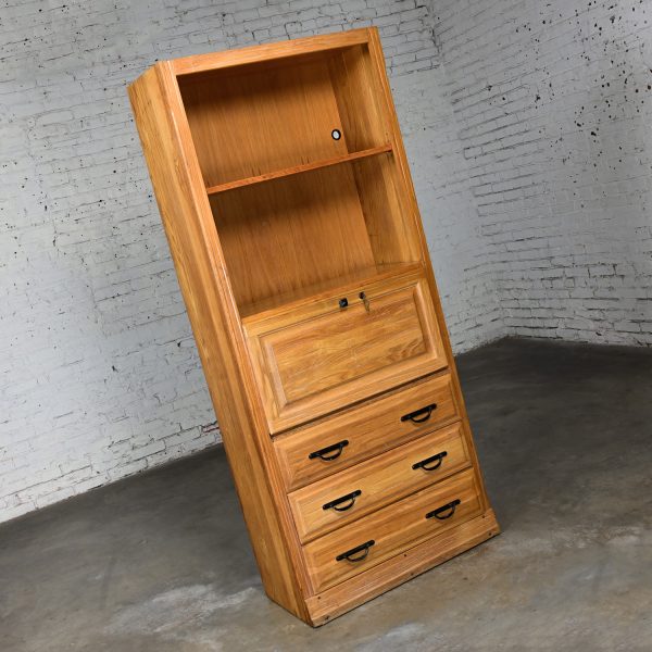 Late 20th Century Rustic A. Brandt Ranch Oak Secretary Style Drop Front Student Desk with Bookcase