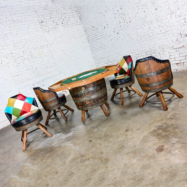 Late 20th Century Rustic Oak Whiskey Barrel Poker Table & 4 Swivel Chairs Style Brothers of Kentucky