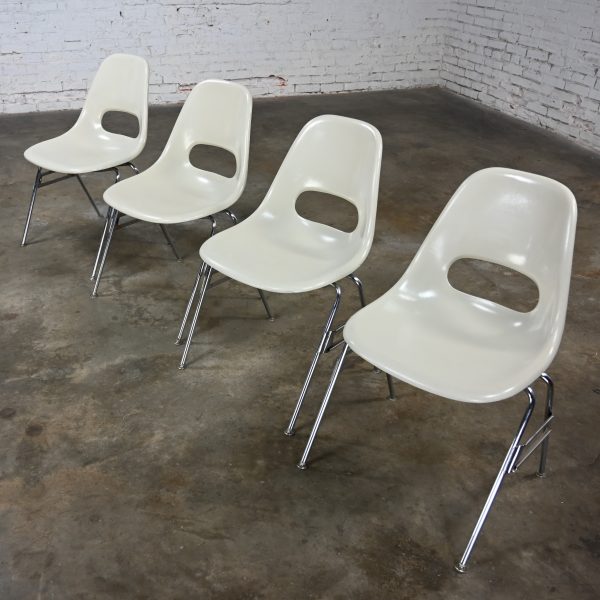 1960-1970’s Mid Century Modern Krueger International White Fiberglass & Chrome Stacking Chairs Set of 4