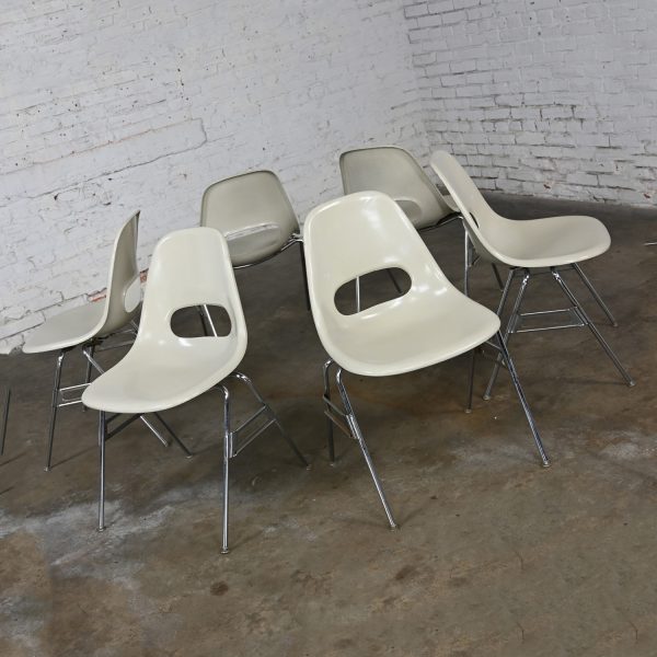 1960-1970’s Mid Century Modern Krueger International White Fiberglass & Chrome Stacking Chairs Set of 6
