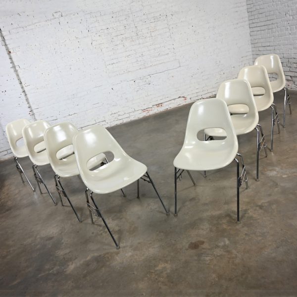 1960-1970’s Mid Century Modern Krueger International White Fiberglass & Chrome Stacking & Connecting Chairs Set of 8