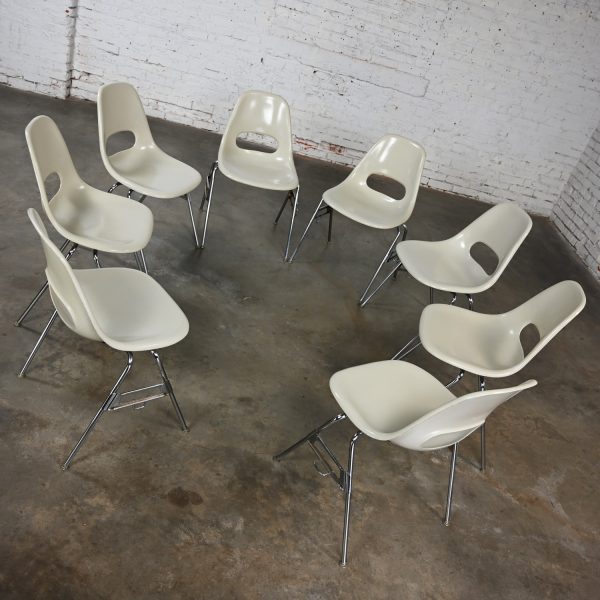 1960-1970’s Mid Century Modern Krueger International White Fiberglass & Chrome Stacking & Connecting Chairs Set of 8