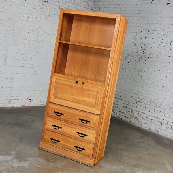 Late 20th Century Rustic A. Brandt Ranch Oak Secretary Style Drop Front Student Desk with Bookcase