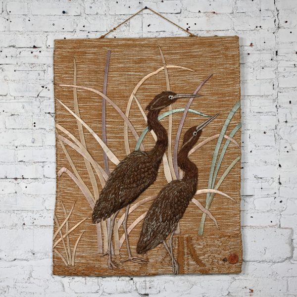 1992 Modern Textile Woven Cranes & Grass Wall Hanging #418 by Don Freedman c/o Tree Time Inc. for Interlude