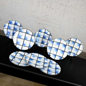 Mid Century Erphila Edinburgh Blue Plaid Pottery Dinner Plates Made in Italy Set of 8