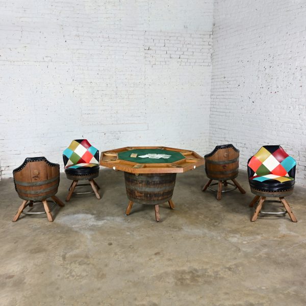 Late 20th Century Rustic Oak Whiskey Barrel Poker Table & 4 Swivel