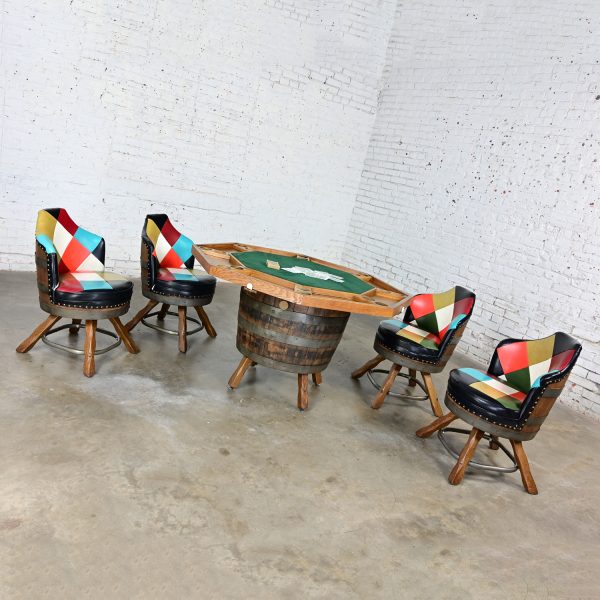 Late 20th Century Rustic Oak Whiskey Barrel Poker Table & 4 Swivel