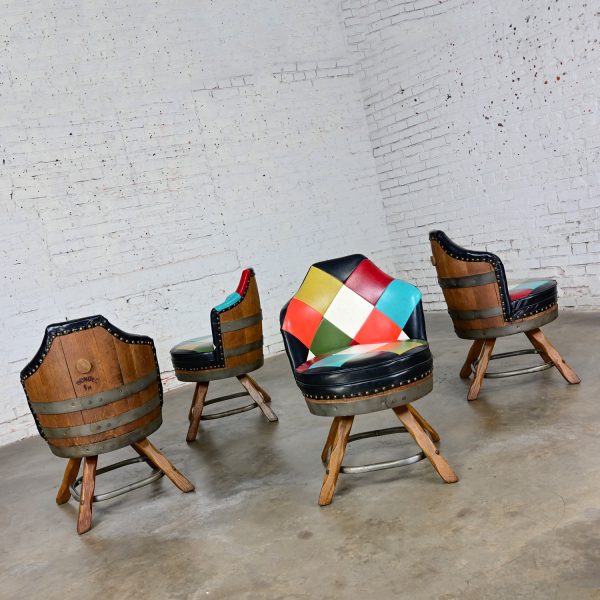 Late 20th Century Rustic Oak Whiskey Barrel Poker Table & 4 Swivel