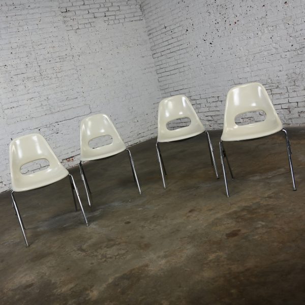 1960-1970’s Mid Century Modern Krueger International White Fiberglass & Chrome Stacking Chairs Set of 4