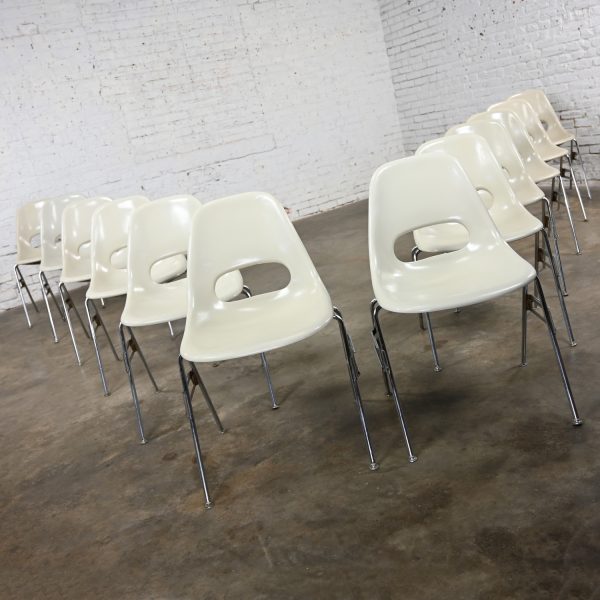 1960-1970’s Mid Century Modern Krueger International White Fiberglass & Chrome Stacking Chairs Set of 12