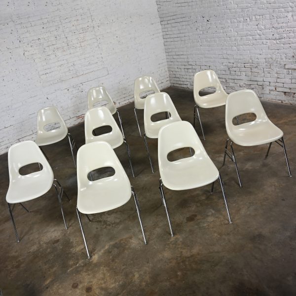 1960-1970’s Mid Century Modern Krueger International White Fiberglass & Chrome Stacking Chairs Set of 10