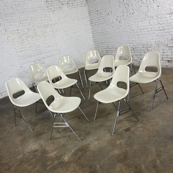 1960-1970’s Mid Century Modern Krueger International White Fiberglass & Chrome Stacking Chairs Set of 10