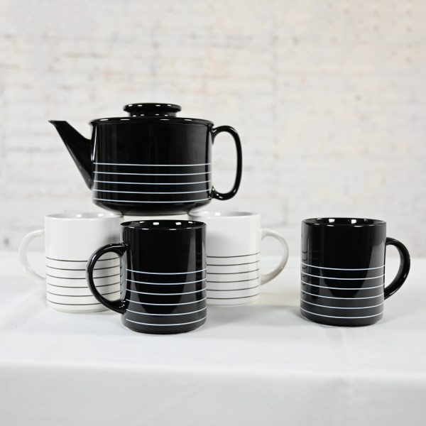 1982 Modern to Postmodern Copco Black & White Glazed Ceramic Teapot & 4 Mugs by Sam Lebowitz